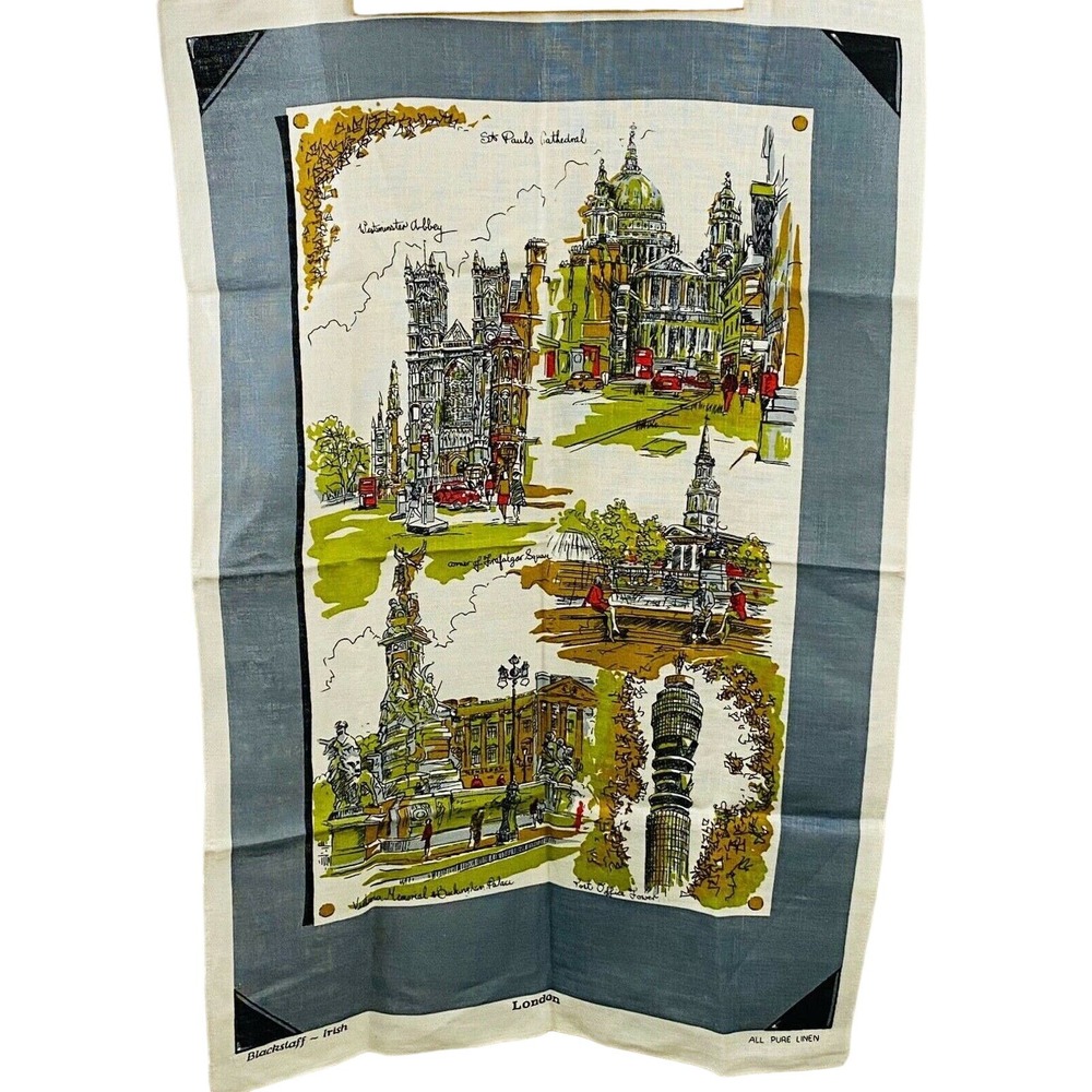 Vintage London Destinations Souvenir Tea Towel Blackstaff Irish‎ Linen 20x32